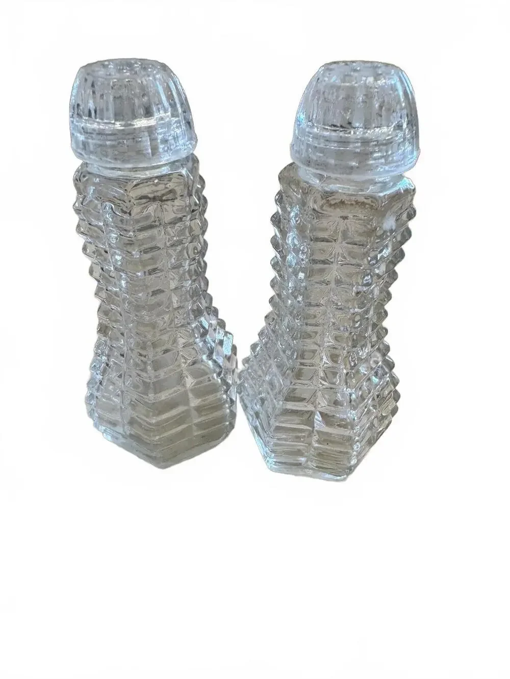Vintage Clear Pressed Glass Salt and Pepper Shakers Set Hexagonal Base